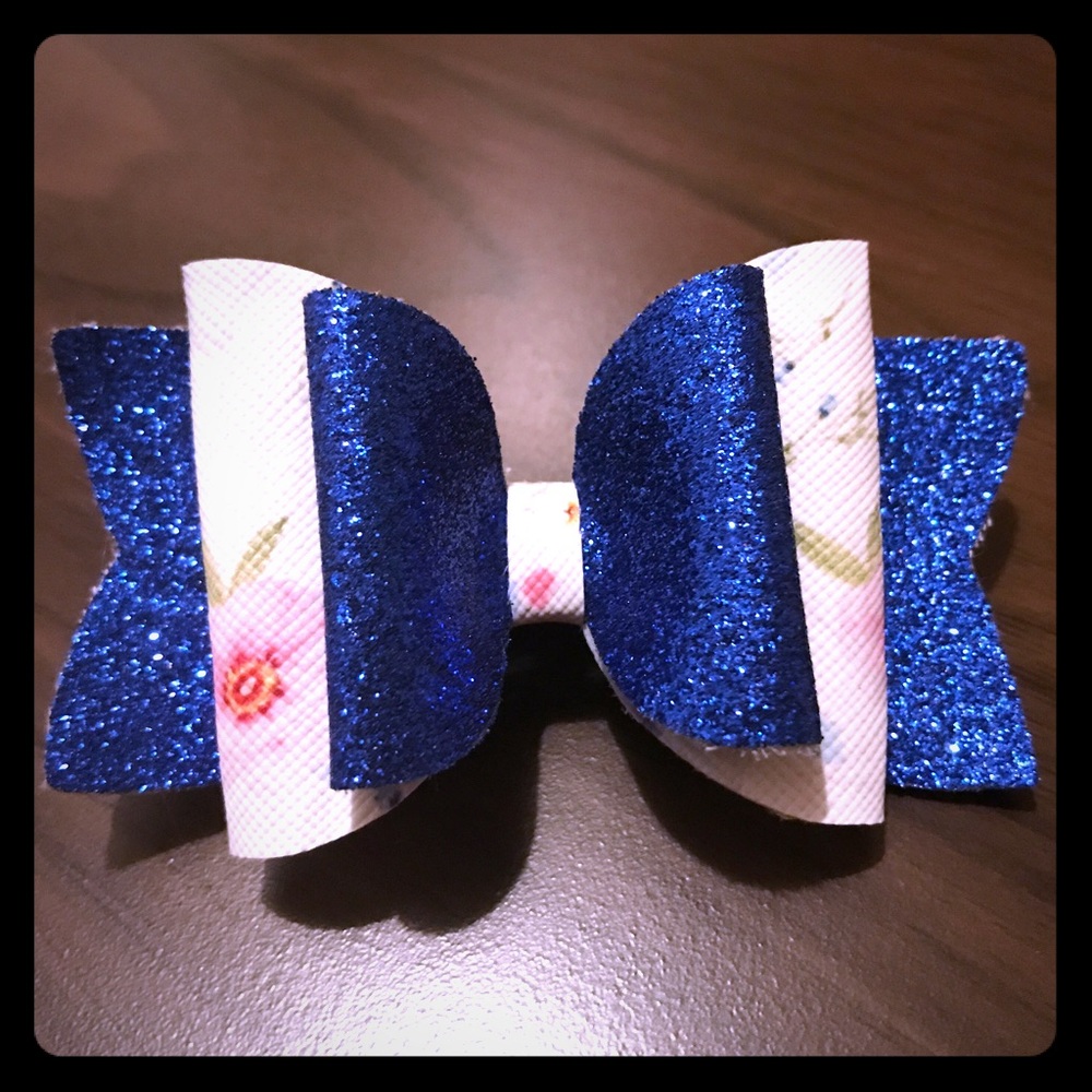 Double layer blue floral glitter bow